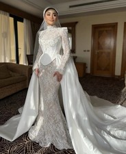Muslim Lace Wedding Dress Detachable Train Long Sleeves High Collar Bridal Gown