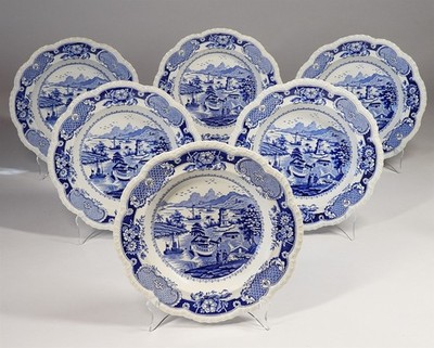 Set 6 J.W. Ridgway India Temple Blue & White Stone China Shallow Bowl Plates