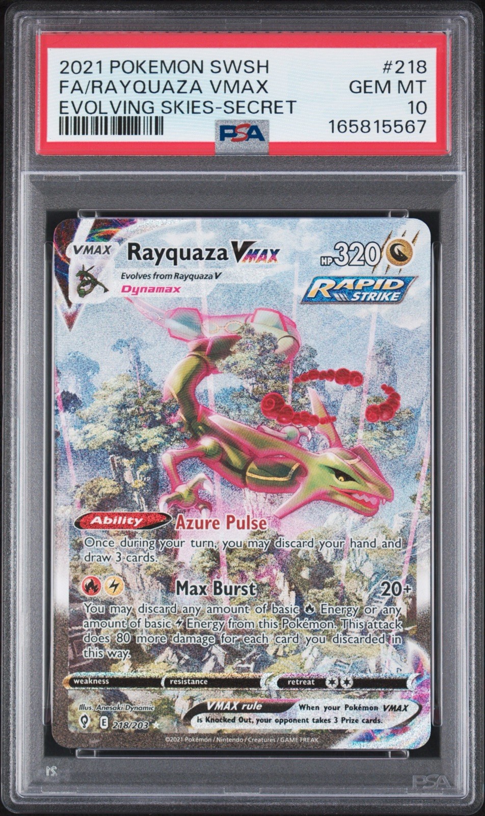 Pokemon Rayquaza VMAX Evolving Skies Secret Full Alt Art #218 PSA 10 Gem Mint
