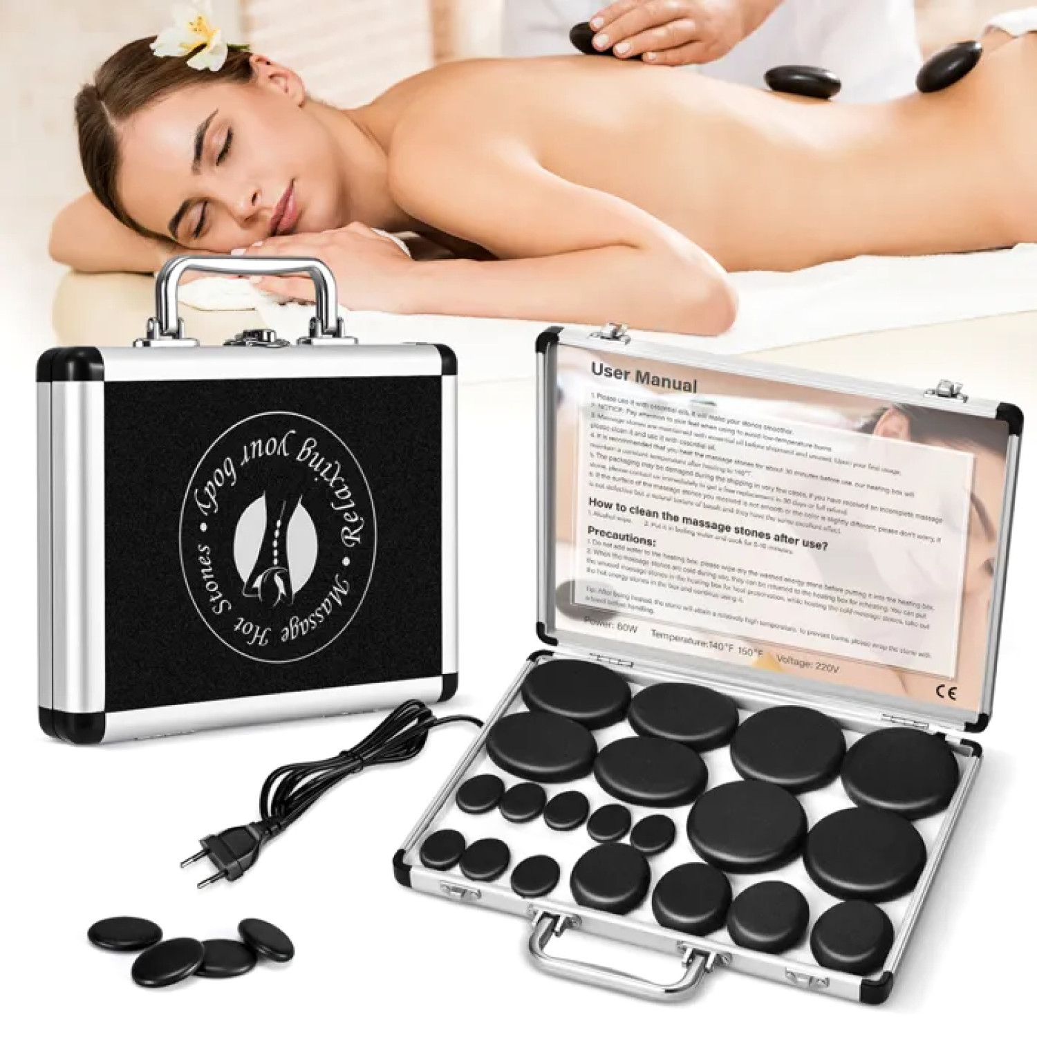 Kit massage pierres chaudes pour soulager le stress et tensions musculaires de dos