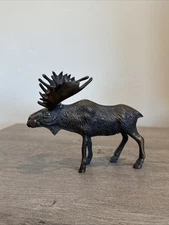 Vintage Brass Bull Moose Figurine Sculpture Patina Wildlife Animal Decor 6” Long
