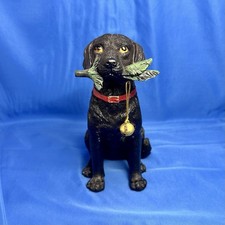 Black Labrador Dog Figurine With Red Collar And Gold Bell. Resin 7.5” Tall