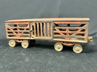 Antique Red Cast Iron Cattle Car 11" Long (? Ives Kenton Harris ?)