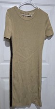 Michael Kors Logo Black Tape Metallic Ribbed Gold Short Sleeve Dress Women XL