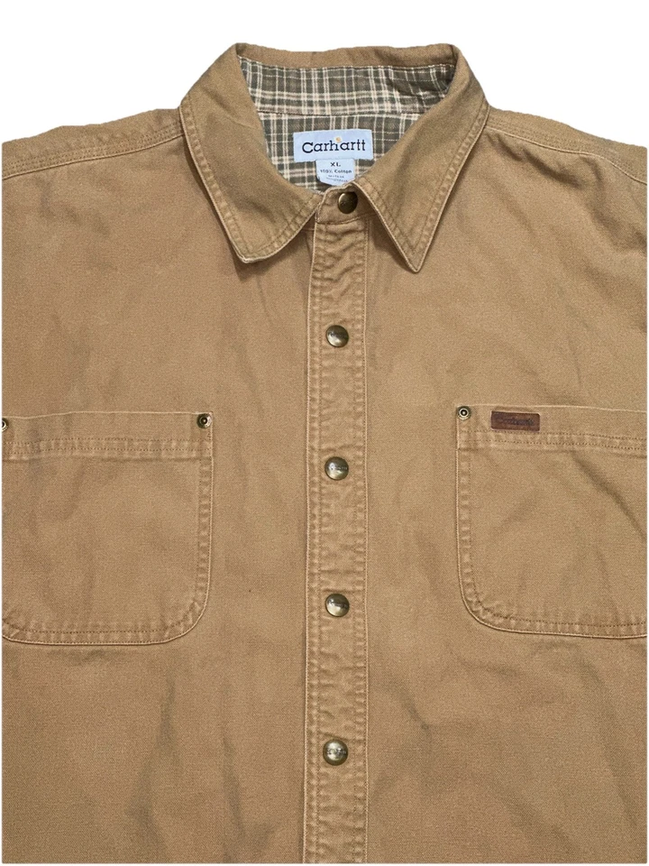 Chaqueta Camisa de Trabajo Carhartt Tostada de Lona a Cuadros Forrada con Botones a Presión Talla XL Foto 2 de 4