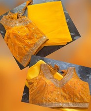 Haldi Satin Saree Sari Ready Embrodered Blouse Size M 36" Turmeric Yellow