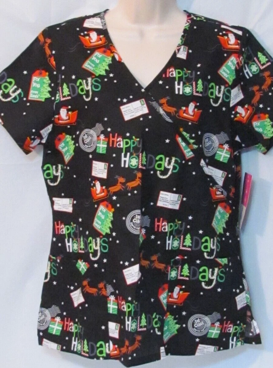 Holiday Special Delivery Women s Mock Wrap Short Sleeve Scrub Top