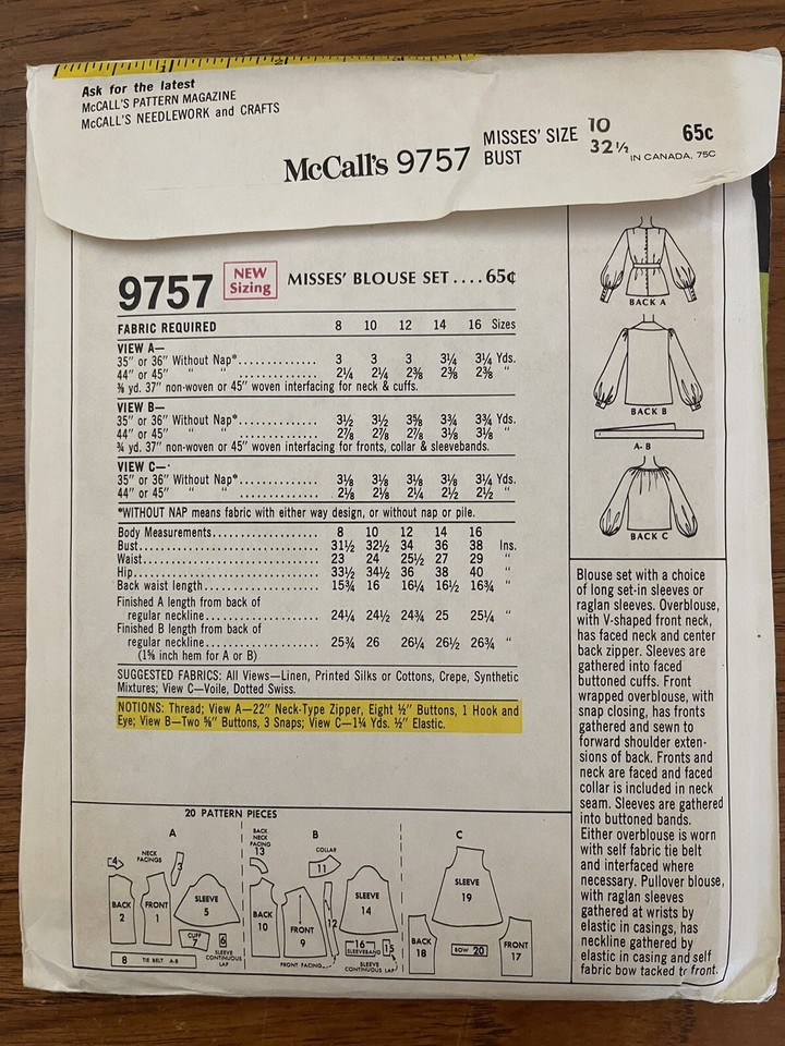 1969 McCalls Sewing Pattern 9757 Misses Blouse Set Gathered Sleeves Sz ...
