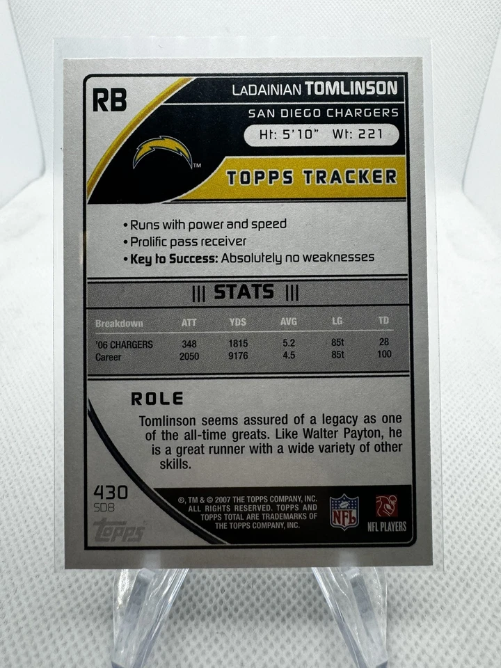 2007 Topps Total #430 LaDainian Tomlinson Blue B3S - Image 2 of 2