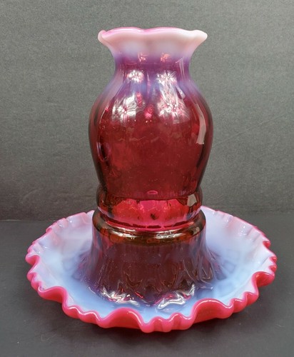 Pair of Fenton Cranberry Opalescent One Piece 1 Pc Fairy Lamps Diamond Optic EUC - Picture 2 of 12