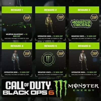 Full Set of Call Of Duty Black Ops 6 Monster Energy  Code Skins + Double XP