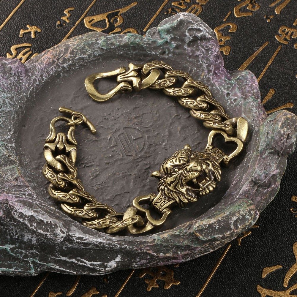 Solid Brass Tiger Head Bracelet Men Figurine Statue Home Ornament Collectibles
