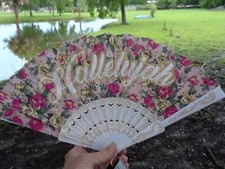 Hand Fan Folding "Hallelujah" Monogram Roses Pink white Gold w/Tassel NWT
