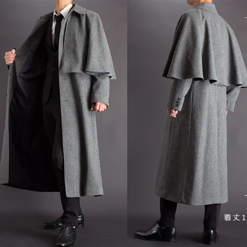 British Tweed Men's Long Overcoat with Cape Gray Winter Outdoor Casual Warm Coat - Picture 1 of 8