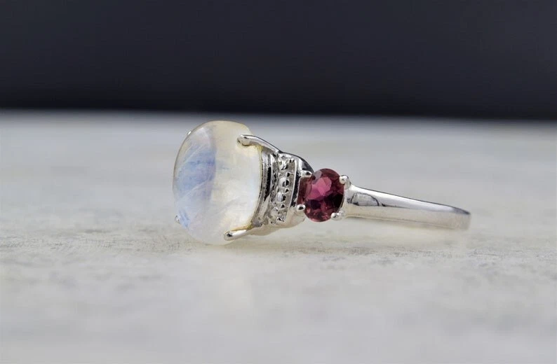 Fire Moonstone & Ruby Gemstone Cluster Ring 925 Sterling Silver Engagement Ring - Image 3 of 4