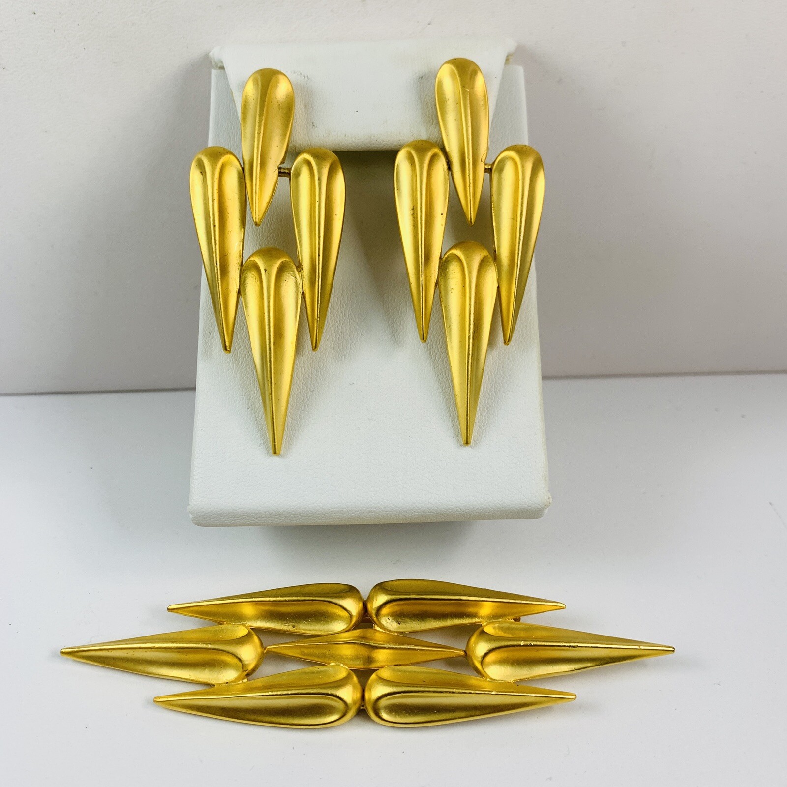 Vintage PARK LANE Modern Satin Matte Gold Brooch & Earrings Set