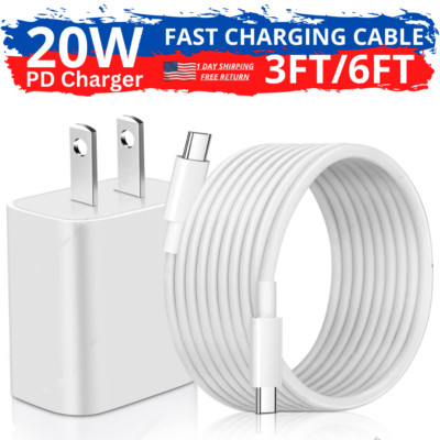 20W Wall Power Adapter PD Type C Fast Charger Cable For Samsung Google Macbook