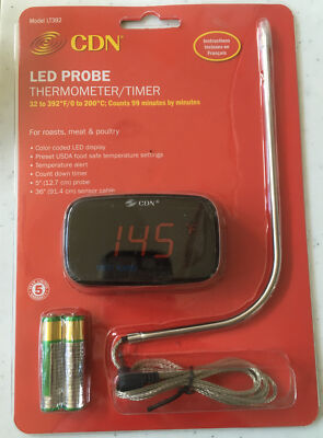 CDN Digital LED Probe Meat/ Poultry Thermometer/Timer  36'' Cable