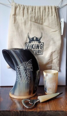 NEW 3pc Set Viking Culture Fenrir Ox Horn Mug, Shot Glass, and Bottle Opener