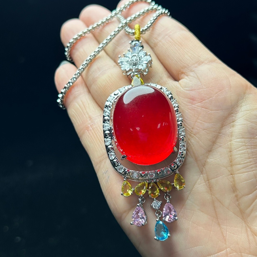 NATURAL RED JADE ROUND BEADS PENDANTS & TIBET SILVER NECKLACE - Foto 5