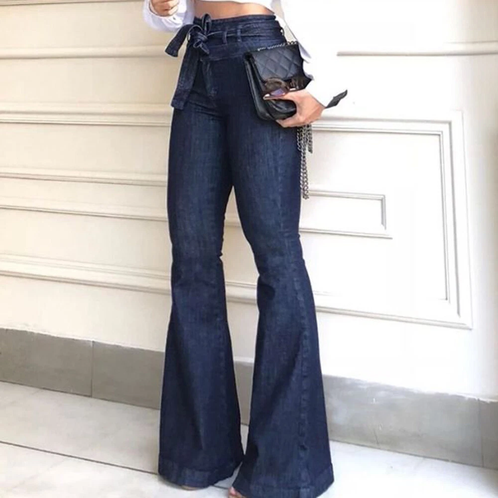 Women s High Waist Denim Jeans Stretch Bell Bottom Pants Flare