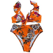 CUPSHE FLORAL RUFFLE HIGH RISE 2 PIECE BIKINI SET NWT ORANGE WOMEN'S SIZE XS