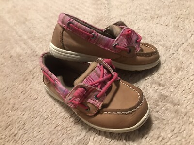 Little Girls Sperry Topsider Boat Shoes Pink Plaid And Tan Youth Size 11 