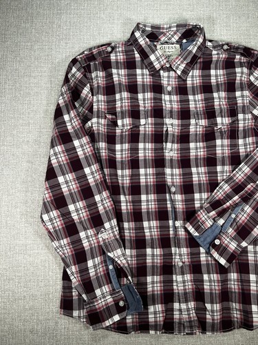 Guess Shirt Adult Extra Large Red Plaid Button Up Long Sleeve Classic Logo Mens - Picture 3 of 8