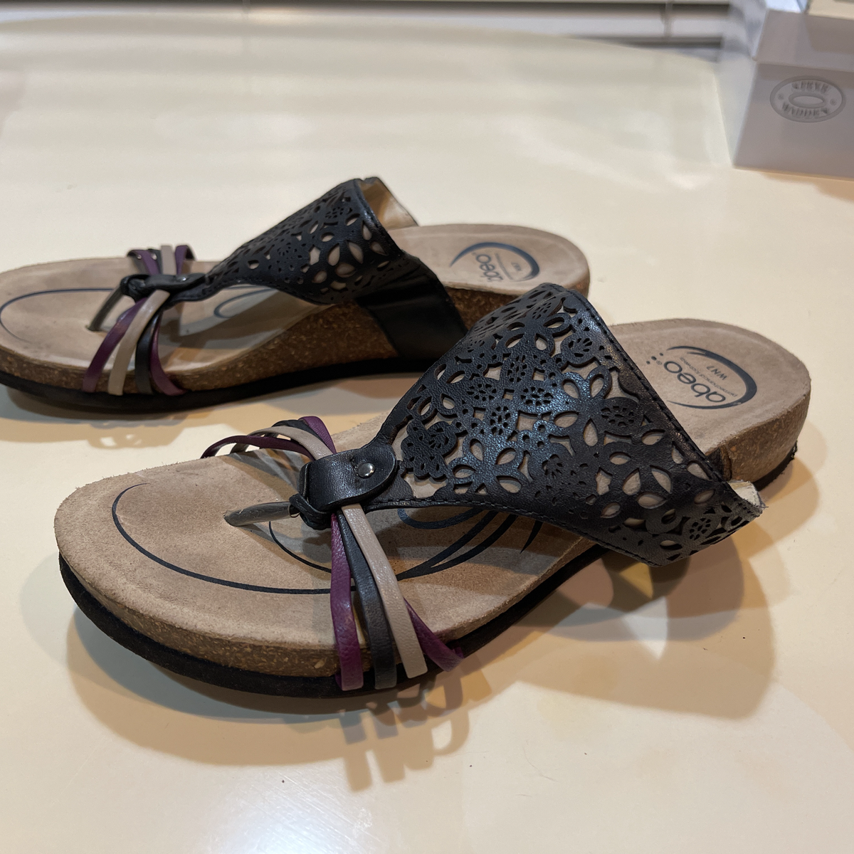 Abeo Womens Black Beige Mechanical Footwear Slip On Flip Flop