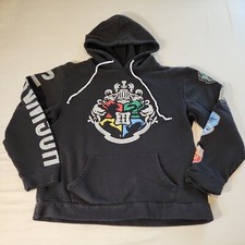 HARRY POTTER Pullover Sweatshirt Hoodie Medium Black Hogwarts Crests Unisex