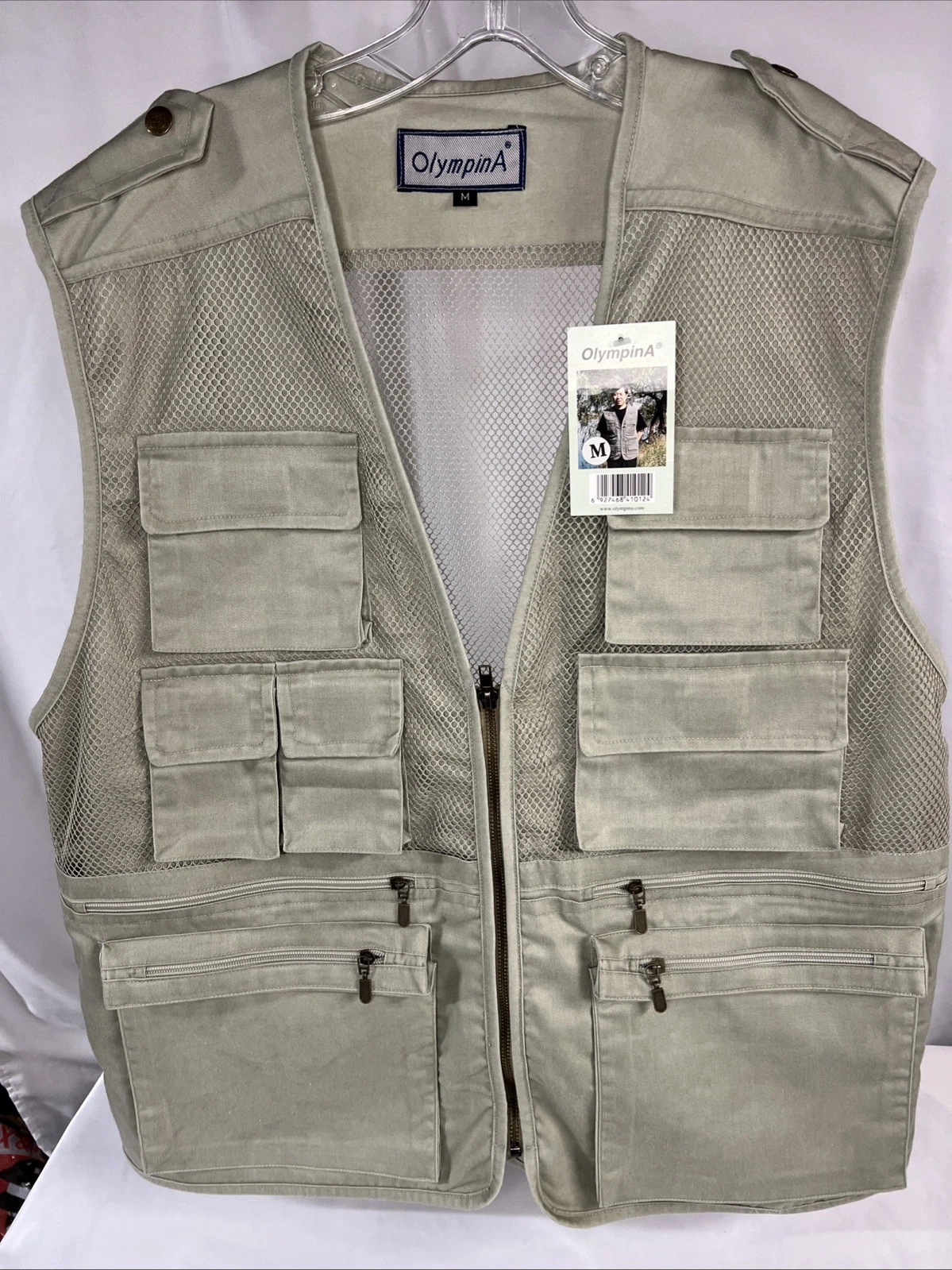 OlympinA Mens Medium Fishing Vest Brown Khaki Hunting Camping Zip Up Photography