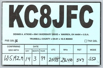 KC8JFC QSL Card Warren OH Trumbull County Amateur Radio W5MZM 1999 A390