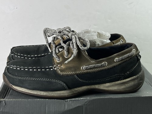 ROCKPORT WORKS WOMENS SZ 8 M Safety TOE BOAT DECK SHOES TAN BLUE LEATHER - Picture 3 of 8