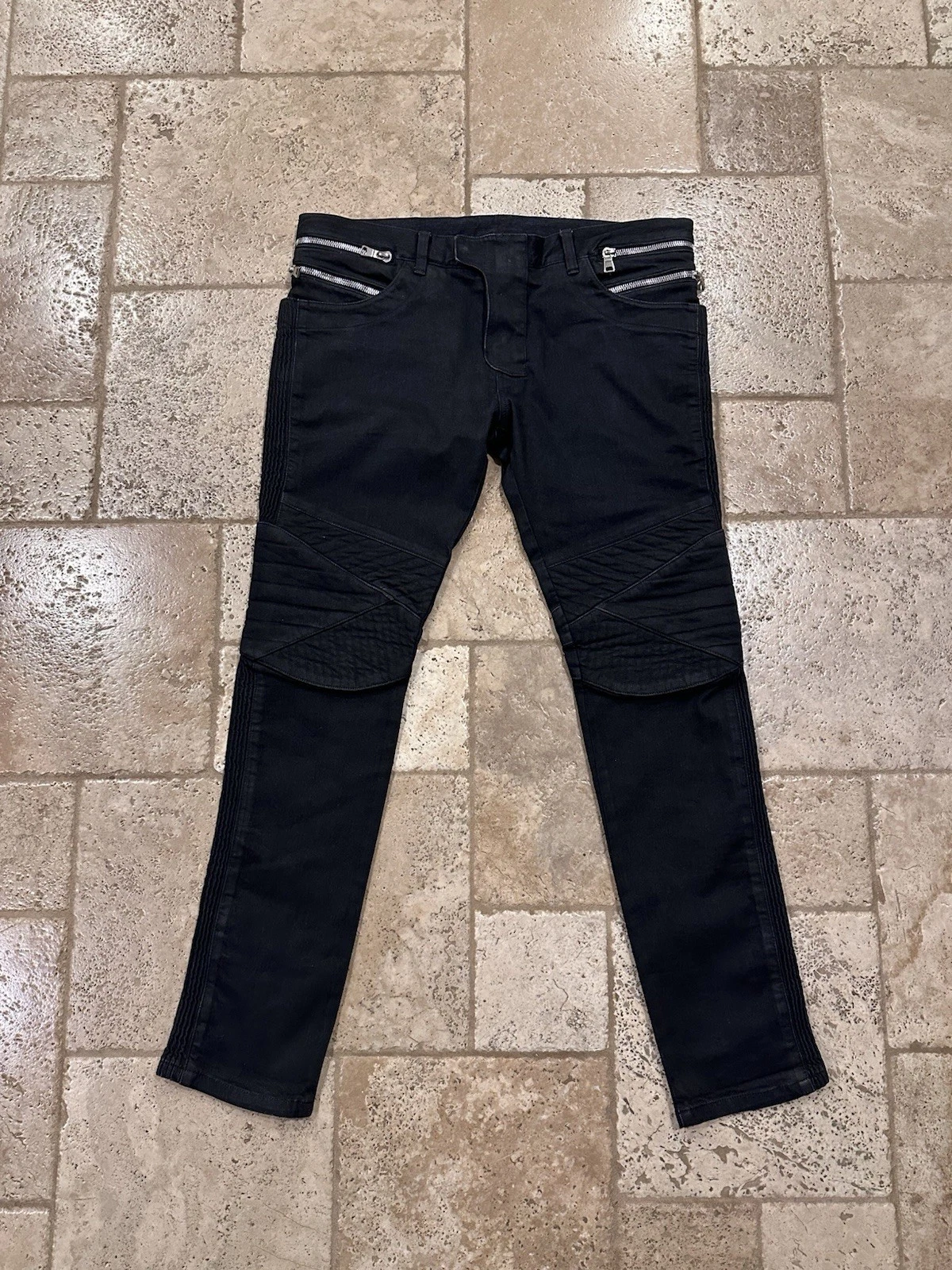 Balmain — Balmain Double Zipper Black Wax Paneled Moto Biker Denim