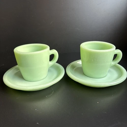(2) Fire King Jadeite Glass Restaurant Ware Heavy Straight Cup & Saucer EUC