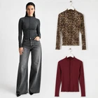 Ladies Ex M S High Neck Top Funnel Red Grey Leopard Long Sleeve Wool Slim Fit