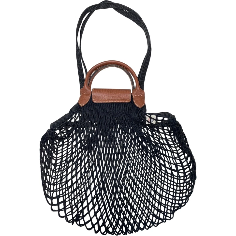 Bolso de Hombro Longchamp Le Pliage Filet x FILT Cuero Negro/Marrón Malla Red Foto 3 de 4