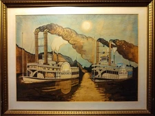 RARE!  Great Mississippi Steamboat Race 1870 Natchez Lee Vintage Watercolor 