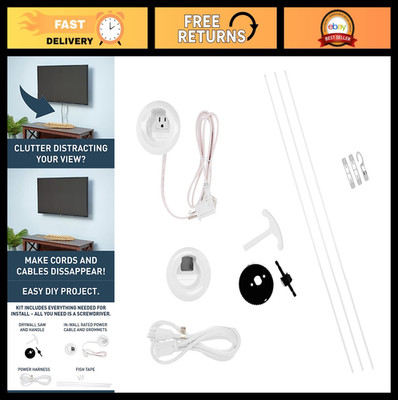 In-Wall TV Power Grommet Kit, Cable Management, Mounting Brackets & Tools - Whit