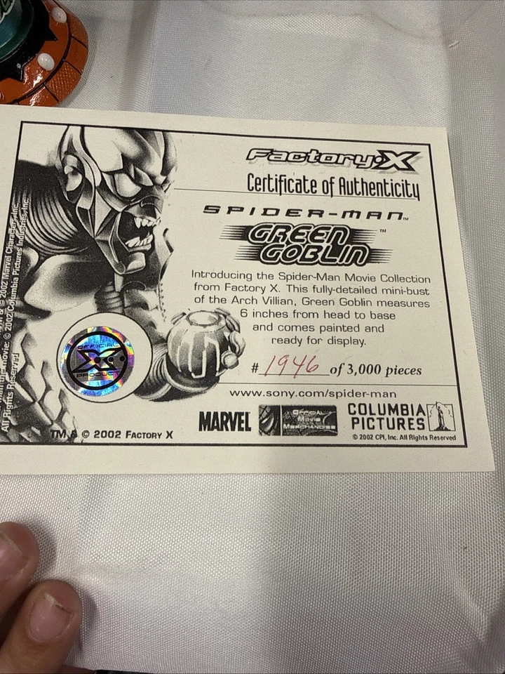 2002 Spider-Man Green Goblin Mini Bust Factory X #1946/3000 COA Marvel - Image 3 of 3