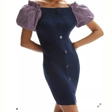 Anthropologie Maeve Mixed Media Pugg Sweater Blue Dress Size XS Preppy