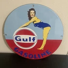 VINTAGE GULF BENDING LADY GASOLINE OIL PORCELAIN SIGN