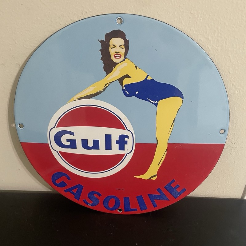 VINTAGE GULF BENDING LADY GASOLINE OIL PORCELAIN SIGN