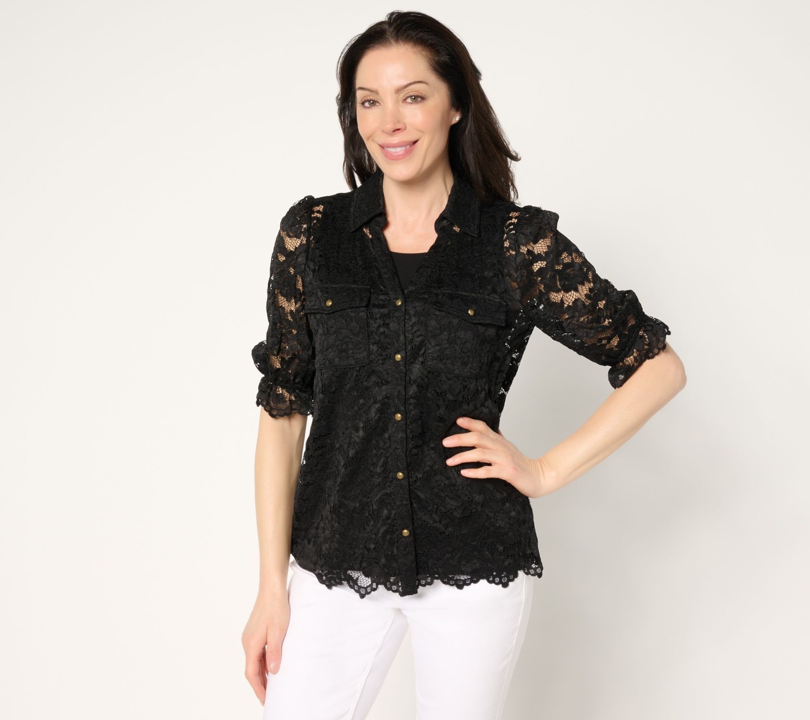 Susan Graver Women's Top Sz M Occasions Short-Sleeve Button-Front Black A680499