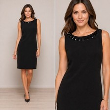 Talbots Sheath Dress 8 Black Embellished Jewel Neck Sleeveless Stretch Knit