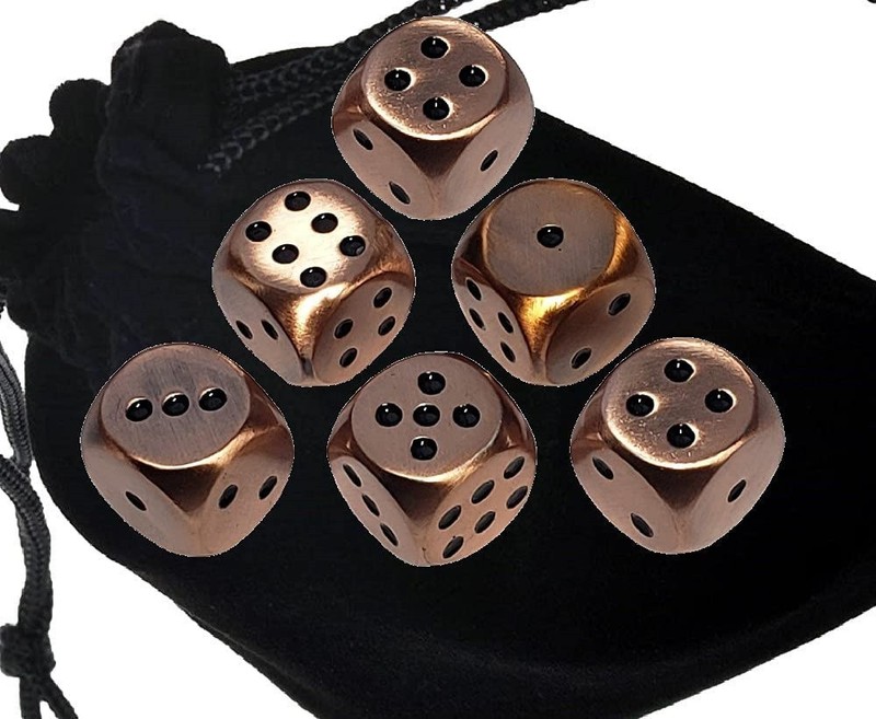 Set 6 16mm Weighty Zinc Alloy Dice Antique Copper Finish Rounded Corners + Pouch