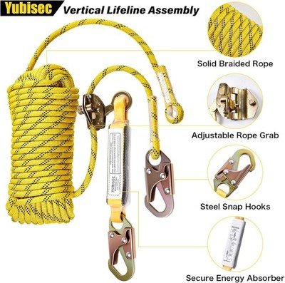 Rope Harness PRO Safety Lanyard 25Ft Vertical Roofing Rope with Grab Snap Hooks