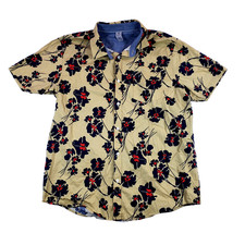 Hurley Mens Size L Tan Blue Red Floral Hawaiian Casual Button Up Shirt