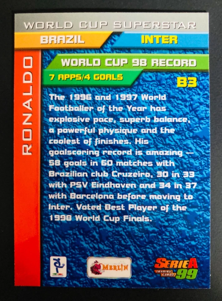 Tarjeta de aluminio Merlín Serie A World Cup Superstar 1998-99 # B3 Ronaldo Inter de Milán Foto 2 de 2