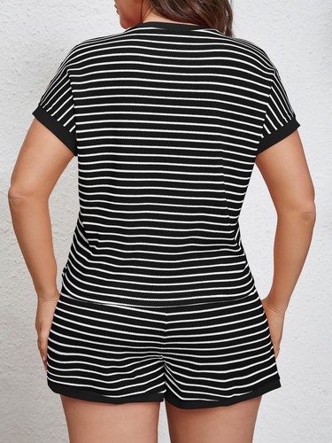 Womens Plus Size Lounge Set 2 Piece Outfits Stripe Short Sleeve Shirts Tops S... - Picture 2 of 6